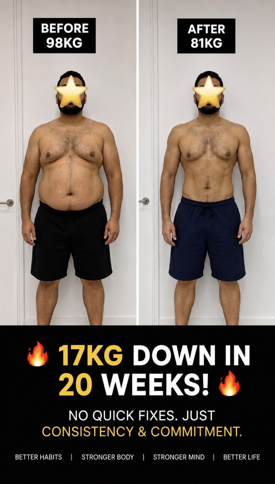 Adil — before and after, 17kg down from 98kg to 81kg